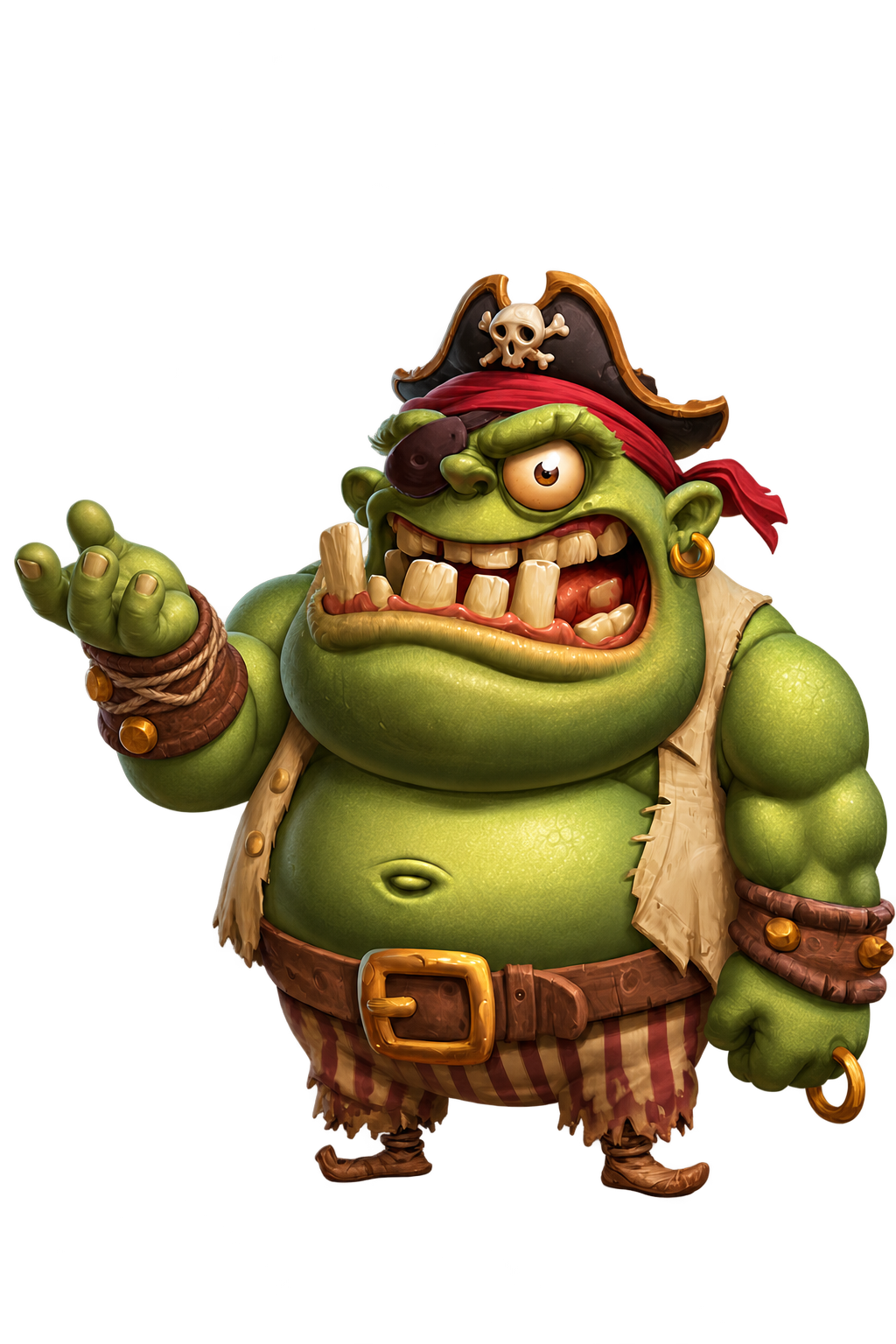 The Jolly Riot captain, a larger-than-life green pirate with a skull hat, eyepatch and toothy grin, watching a parrot before a comic punch
